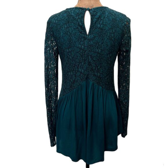 Wonderly V-Neck Babydoll Blouse Deep Teal Lace Bohemian Fairycore Size Small - Picture 2 of 4